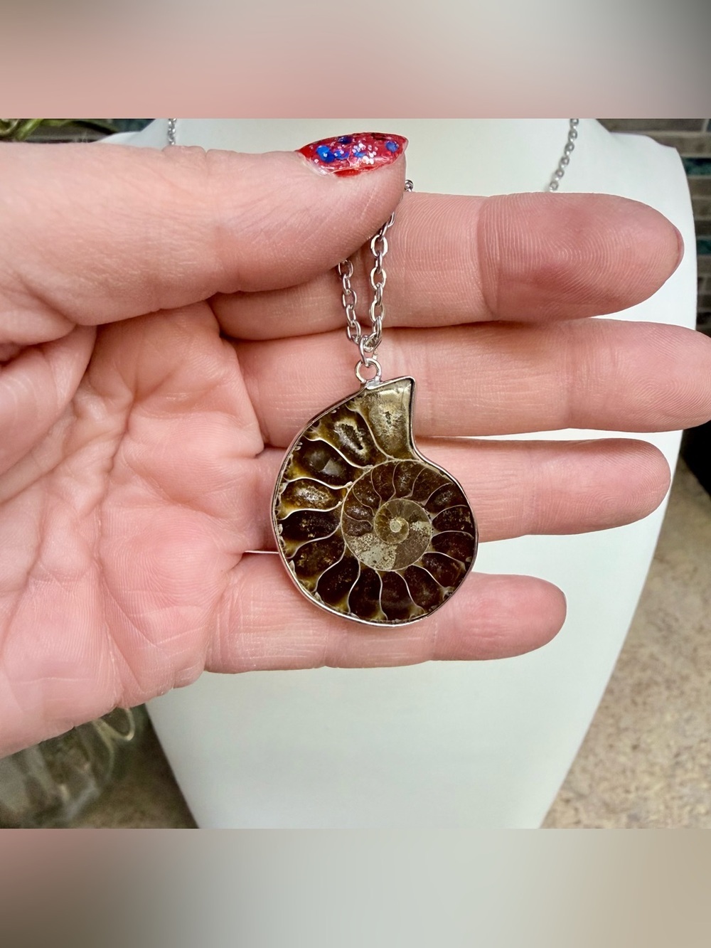 Ammonite Seashell Fossil Pendant Necklace